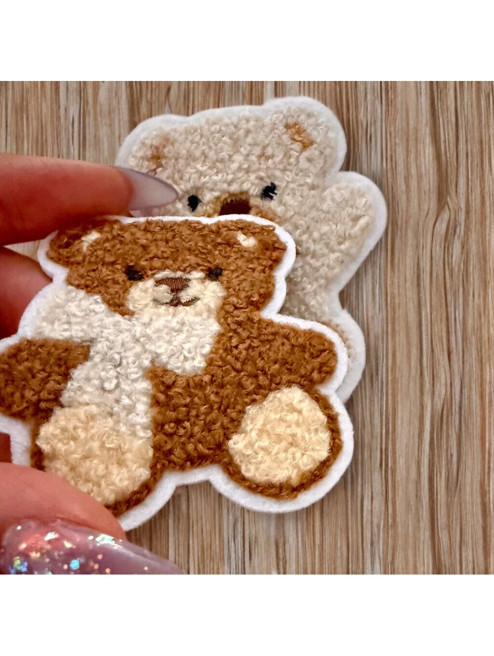 Iron On Patch Set - Chenille Teddy Bear Brown and White with Cute Bows 3D Fluffy
